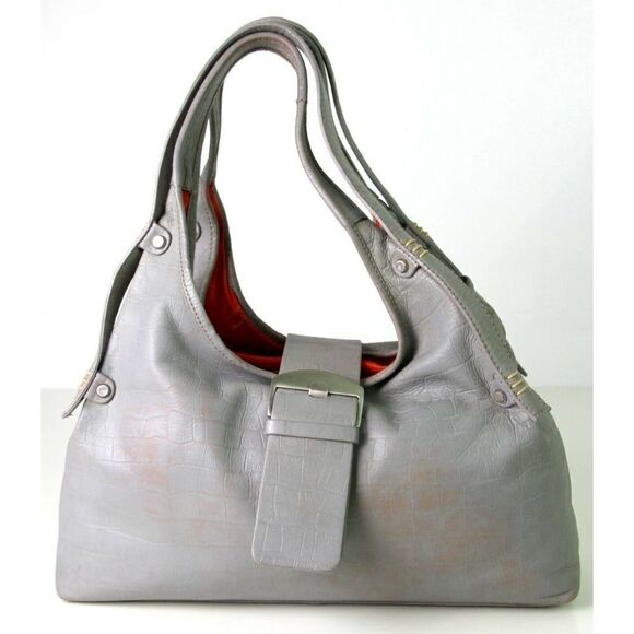 LRG MICHAEL ROME DESIGNS CROCO SOFT GRAY GENUINE LEATHER HOBO TOTE SHOULDER BAG - Picture 1 of 12